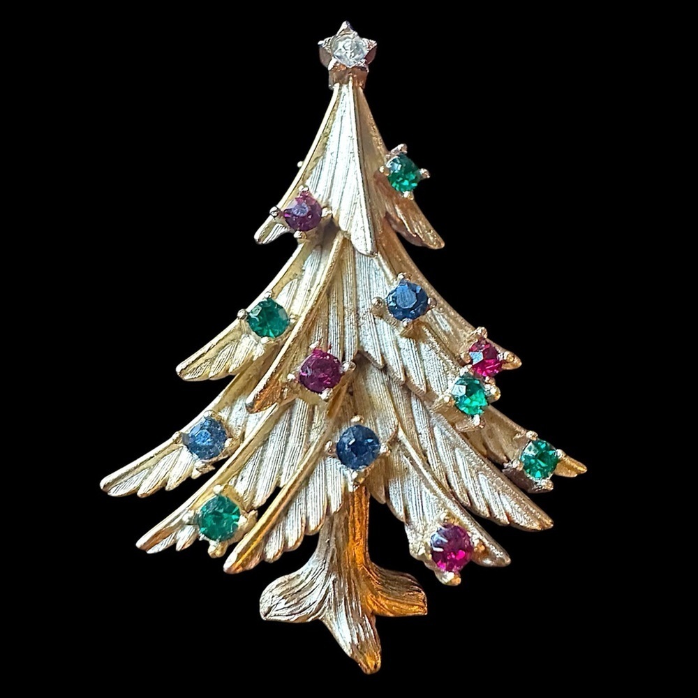 Vintage Crown Trifari Rhinestone Christmas Tree Brooch Pin
